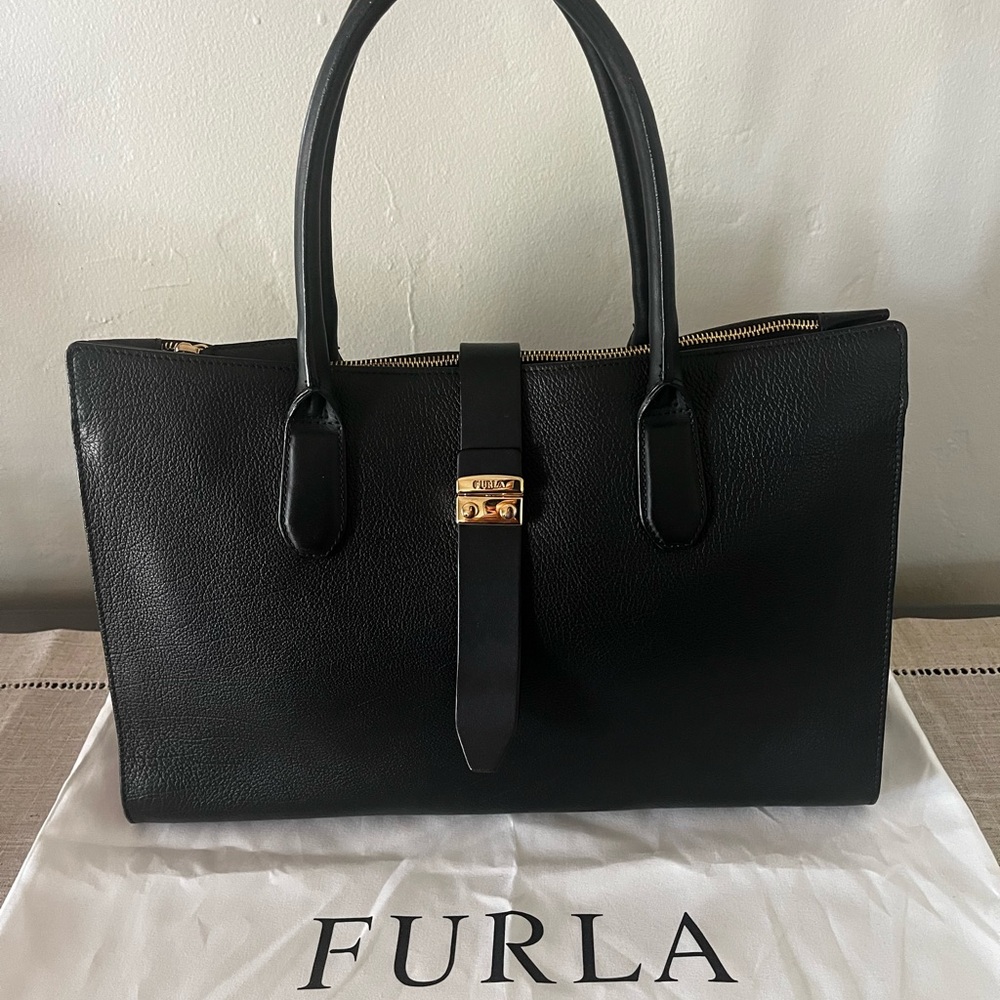 Furla Black Leather Satchel with Gold Accents